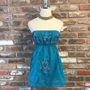 Rue21 Turquoise Blue Floral Embroidered Strapless Blouse Top L